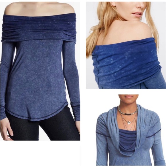 Free People Blue Cosmo Tie Dye Cowl Neck Off Shoulder Top Shirt OB546687. Sz XS - Picture 2 of 12